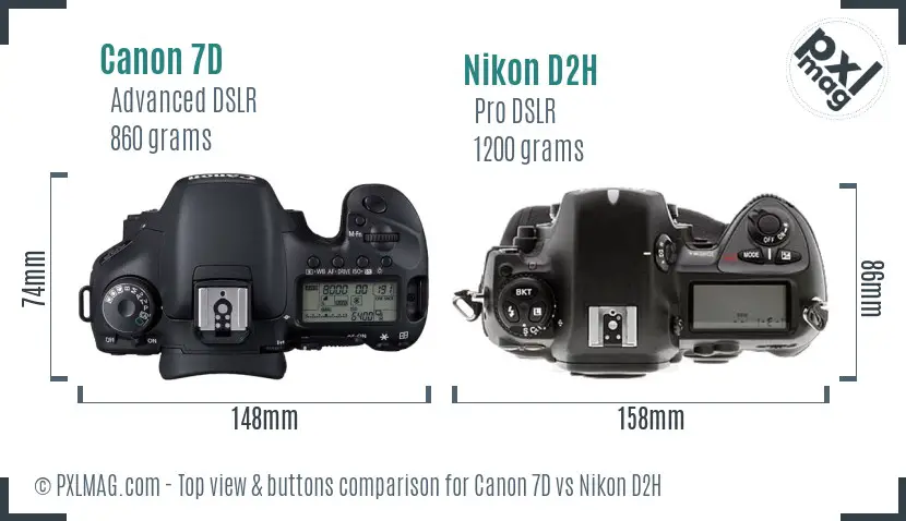 Canon 7D vs Nikon D2H top view buttons comparison Canon 7D vs Nikon D2H top view buttons comparison