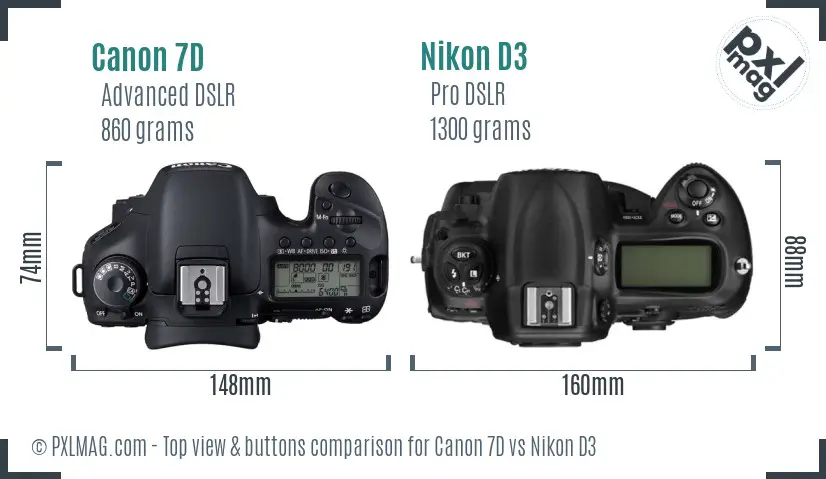 Canon 7D vs Nikon D3 top view buttons comparison