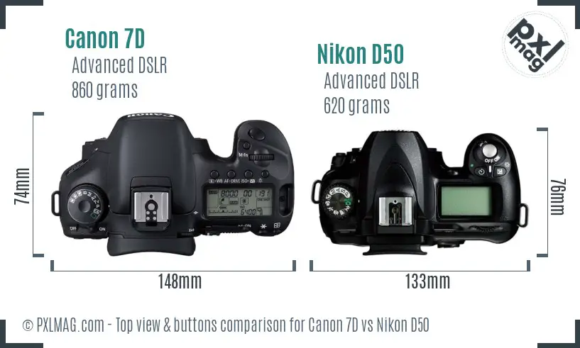 Canon 7D vs Nikon D50 top view buttons comparison