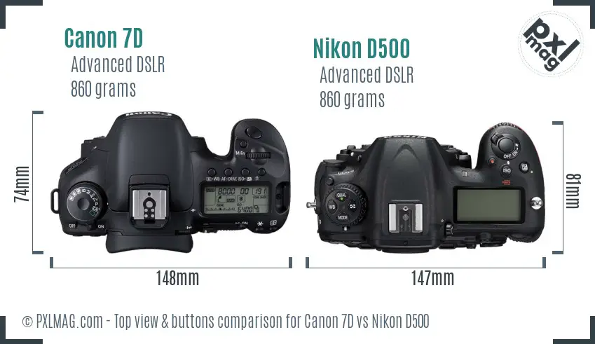 Canon 7D vs Nikon D500 top view buttons comparison