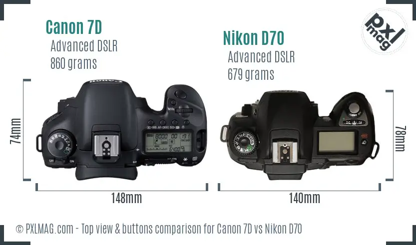 Canon 7D vs Nikon D70 top view buttons comparison