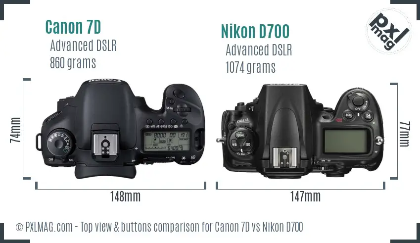 Canon 7D vs Nikon D700 top view buttons comparison