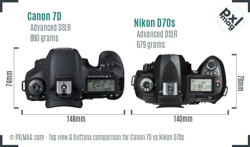Canon 7D vs Nikon D70s top view buttons comparison