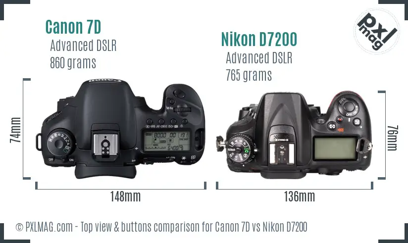 Canon 7D vs Nikon D7200 top view buttons comparison