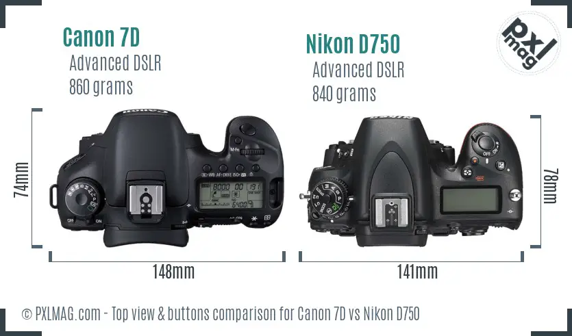Canon 7D vs Nikon D750 top view buttons comparison