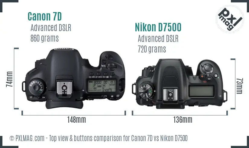 Canon 7D vs Nikon D7500 top view buttons comparison