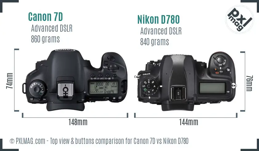 Canon 7D vs Nikon D780 top view buttons comparison