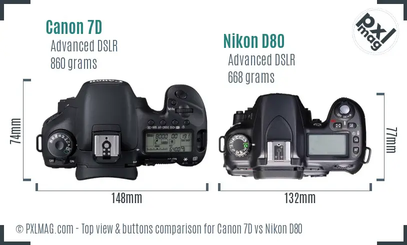 Canon 7D vs Nikon D80 top view buttons comparison