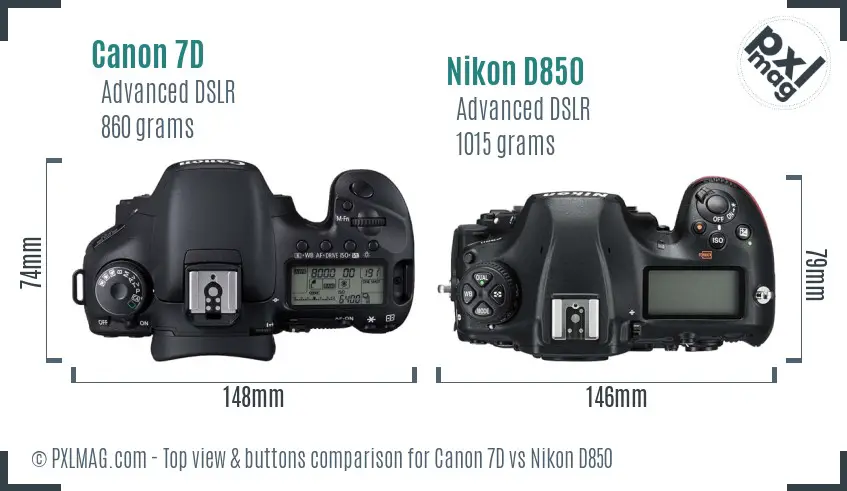 Canon 7D vs Nikon D850 top view buttons comparison
