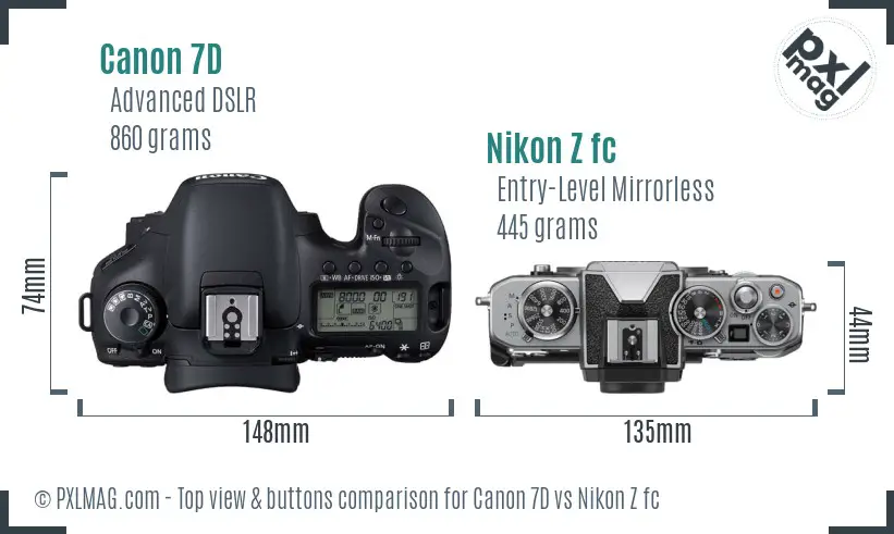 Canon 7D vs Nikon Z fc top view buttons comparison