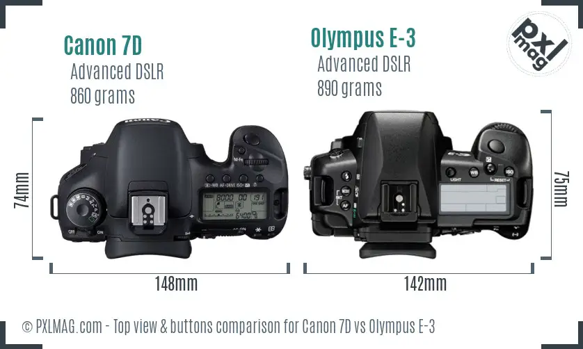 Canon 7D vs Olympus E-3 top view buttons comparison