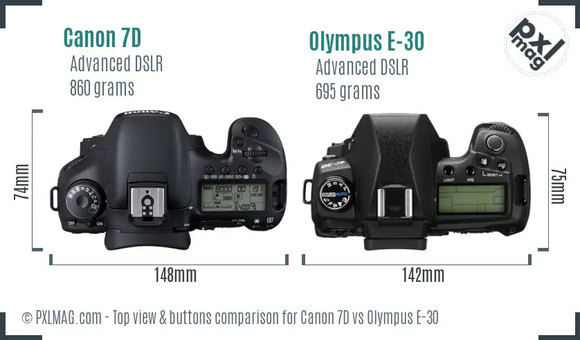 Canon 7D vs Olympus E-30 top view buttons comparison