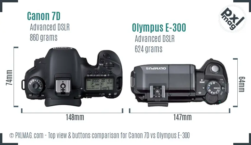 Canon 7D vs Olympus E-300 top view buttons comparison
