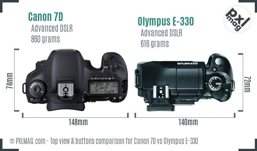 Canon 7D vs Olympus E-330 top view buttons comparison