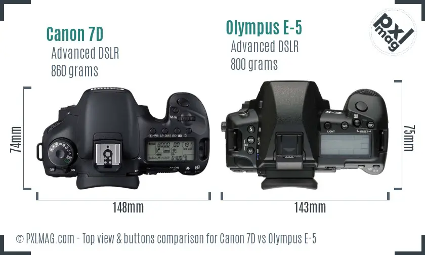 Canon 7D vs Olympus E-5 top view buttons comparison
