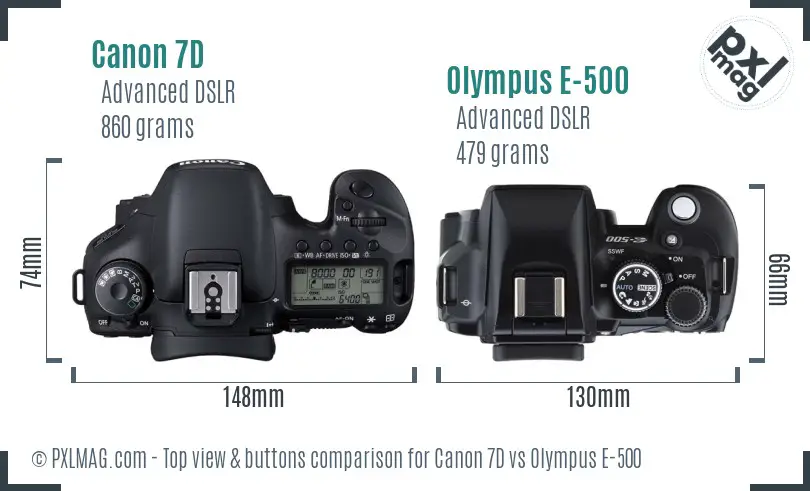 Canon 7D vs Olympus E-500 top view buttons comparison