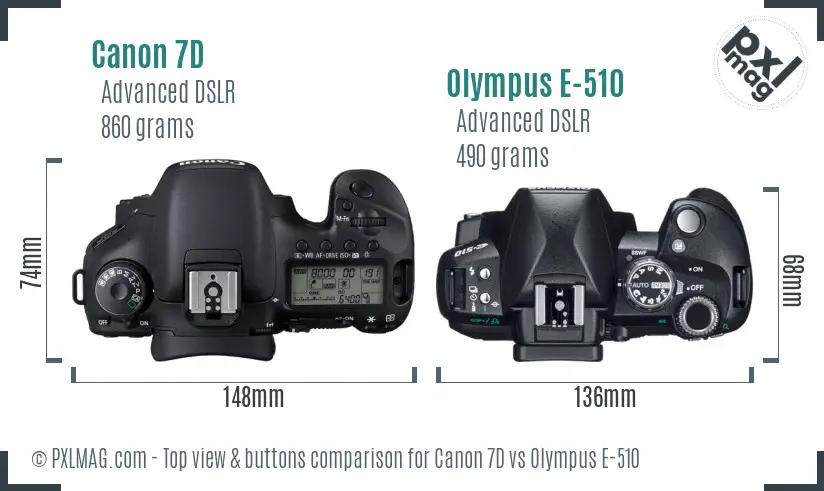 Canon 7D vs Olympus E-510 top view buttons comparison