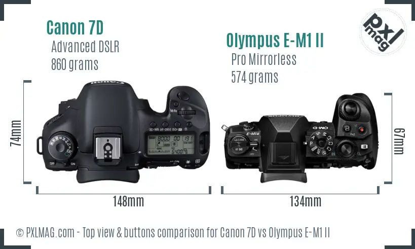 Canon 7D vs Olympus E-M1 II top view buttons comparison Canon 7D vs Olympus E-M1 II top view buttons comparison