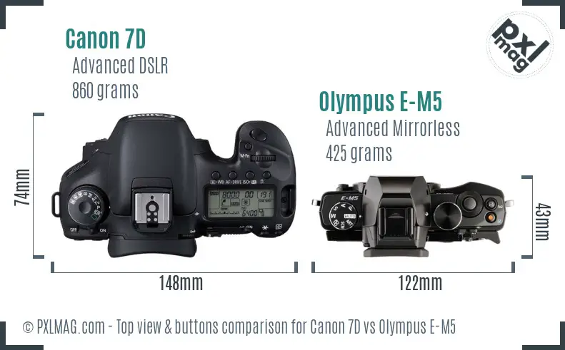 Canon 7D vs Olympus E-M5 top view buttons comparison