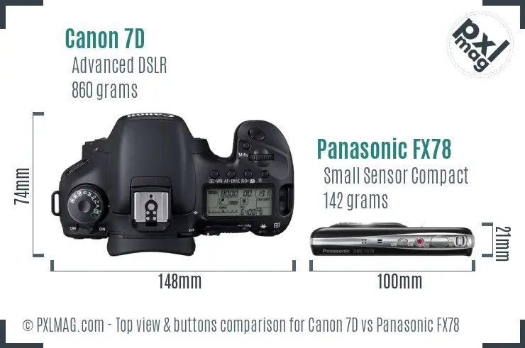 Canon 7D vs Panasonic FX78 top view buttons comparison
