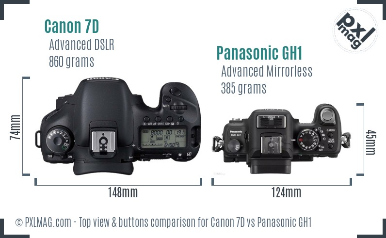 Canon 7D vs Panasonic GH1 top view buttons comparison