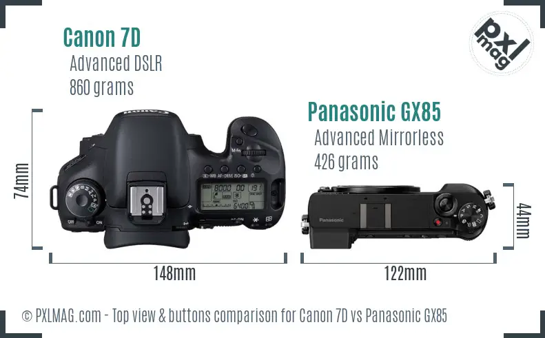 Canon 7D vs Panasonic GX85 top view buttons comparison