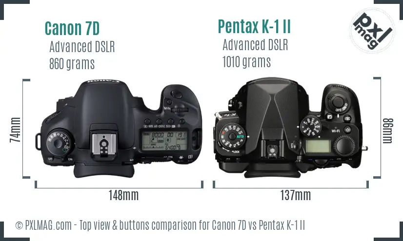 Canon 7D vs Pentax K-1 II top view buttons comparison