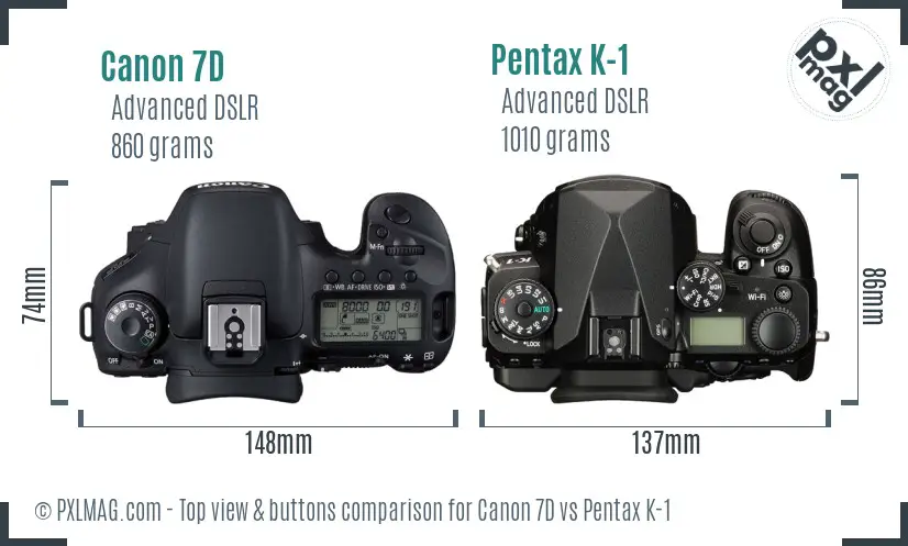 Canon 7D vs Pentax K-1 top view buttons comparison
