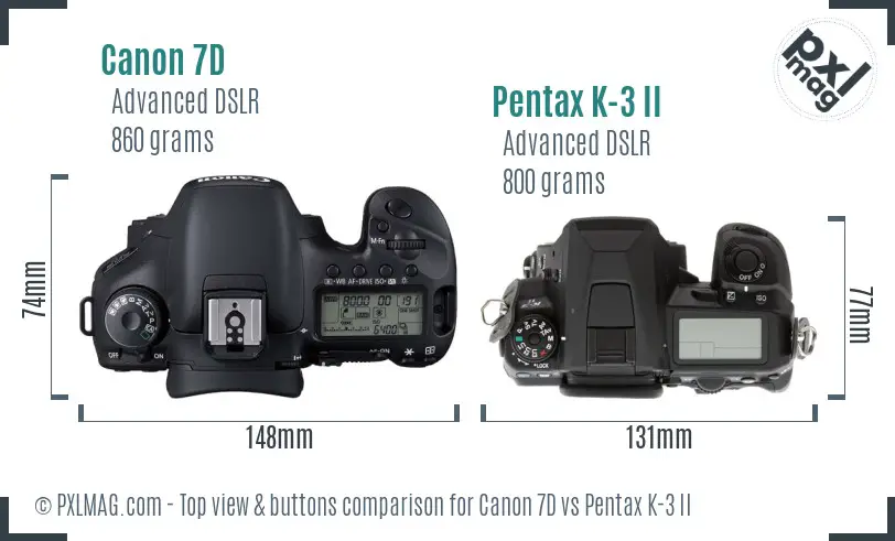 Canon 7D vs Pentax K-3 II top view buttons comparison