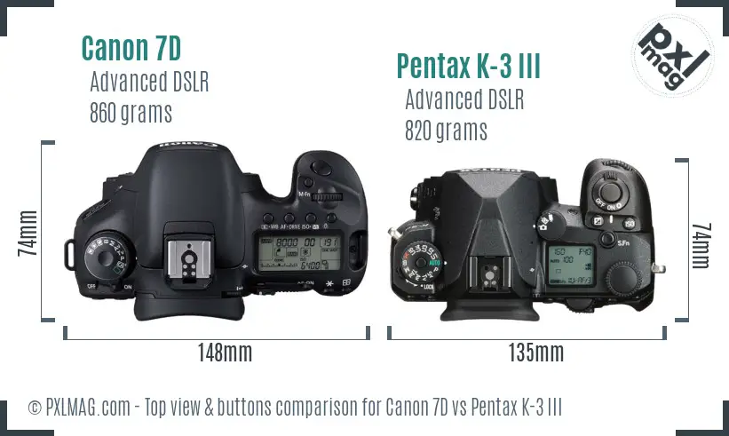 Canon 7D vs Pentax K-3 III top view buttons comparison