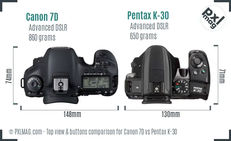 Canon 7D vs Pentax K-30 top view buttons comparison