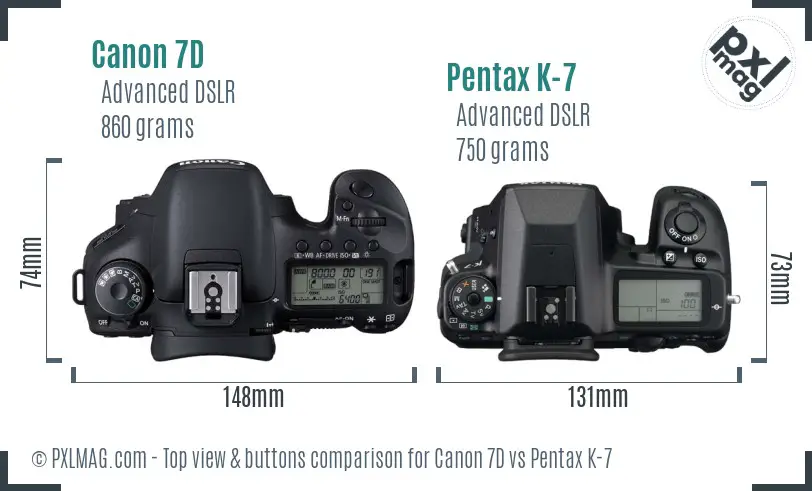 Canon 7D vs Pentax K-7 top view buttons comparison