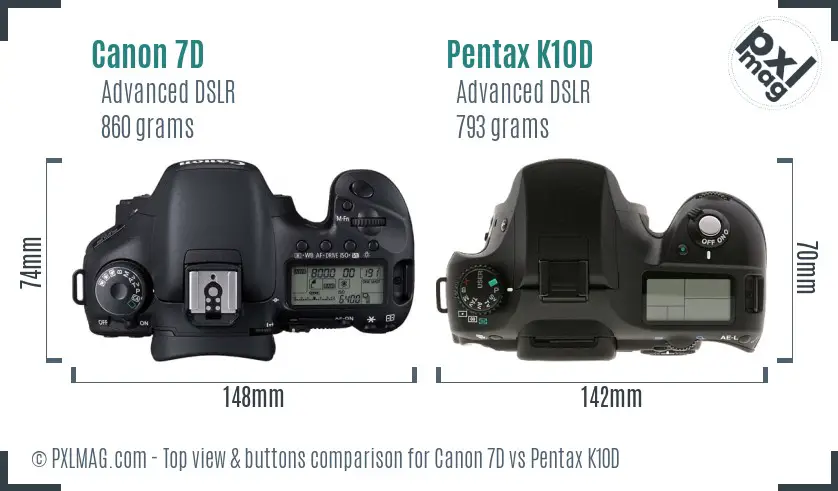 Canon 7D vs Pentax K10D top view buttons comparison