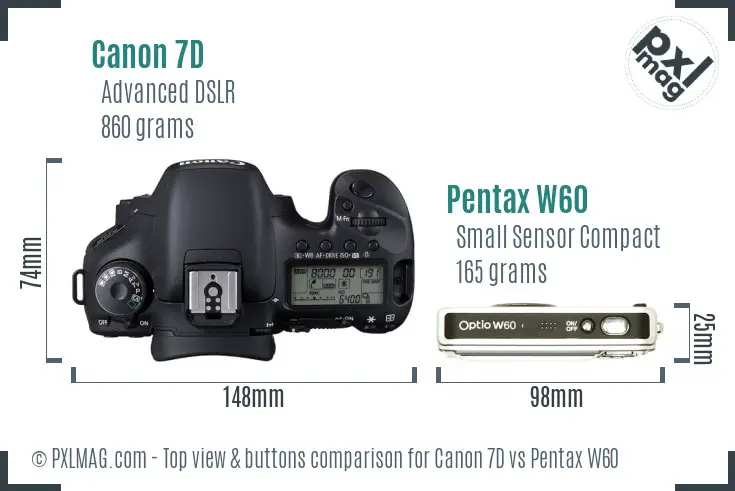 Canon 7D vs Pentax W60 top view buttons comparison