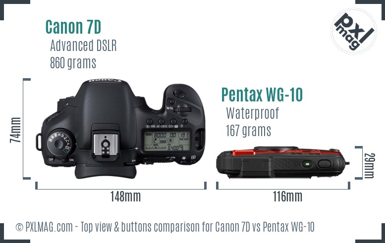 Canon 7D vs Pentax WG-10 top view buttons comparison