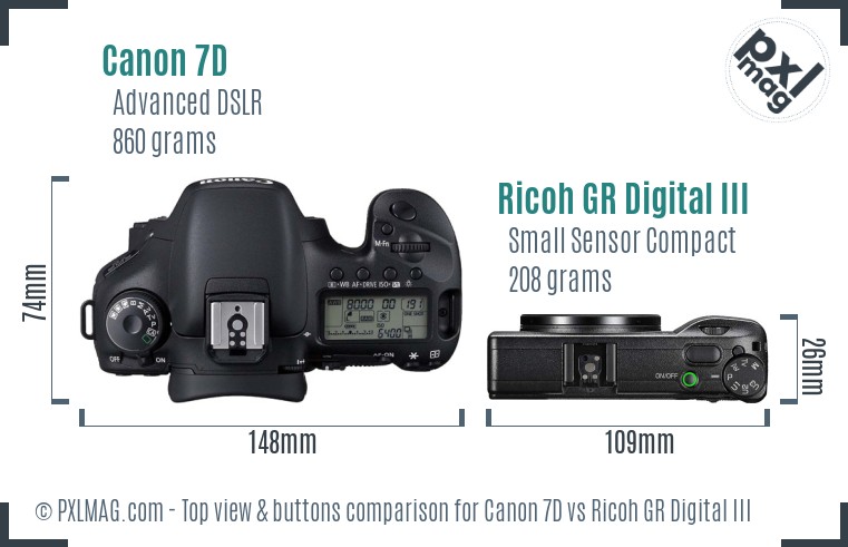 Canon 7D vs Ricoh GR Digital III top view buttons comparison