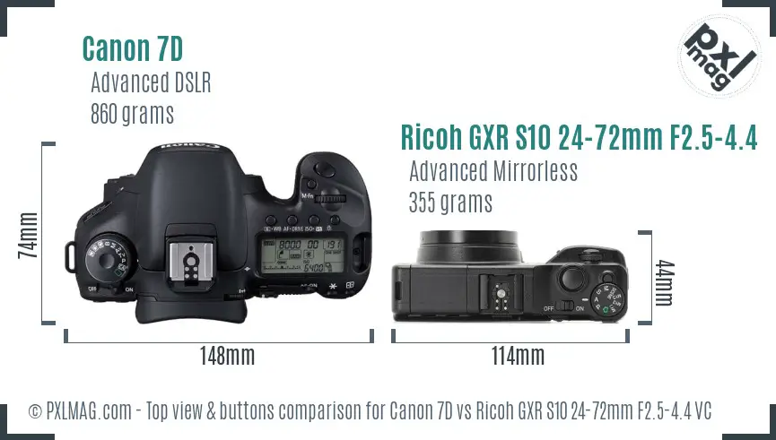 Canon 7D vs Ricoh GXR S10 24-72mm F2.5-4.4 VC top view buttons comparison