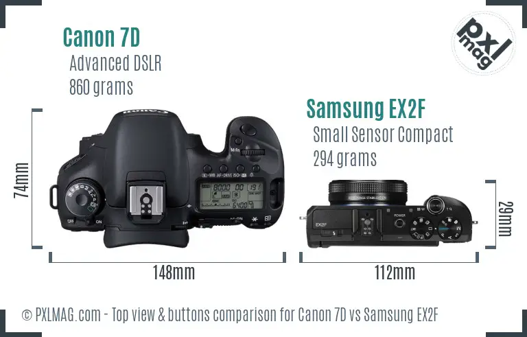 Canon 7D vs Samsung EX2F top view buttons comparison
