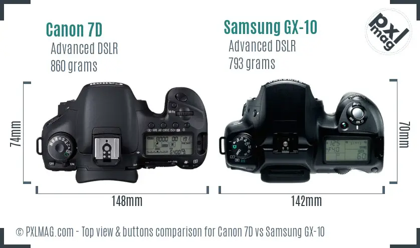 Canon 7D vs Samsung GX-10 top view buttons comparison
