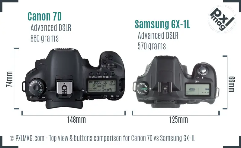 Canon 7D vs Samsung GX-1L top view buttons comparison