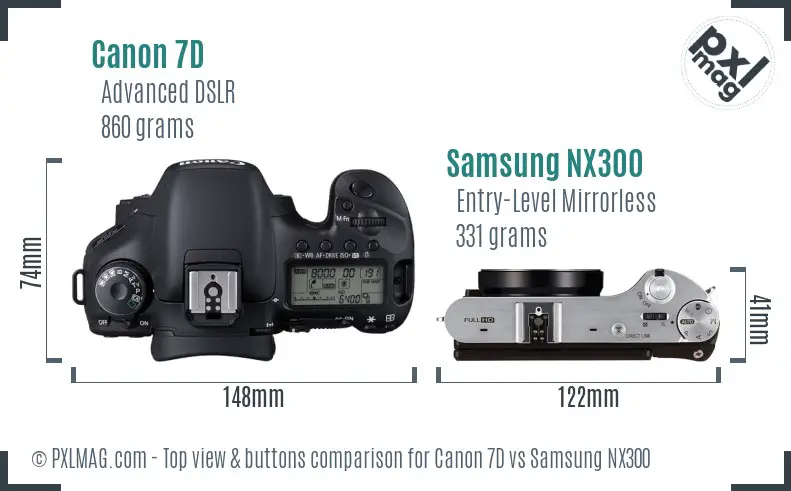 Canon 7D vs Samsung NX300 top view buttons comparison