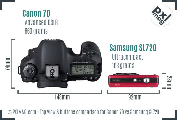Canon 7D vs Samsung SL720 top view buttons comparison