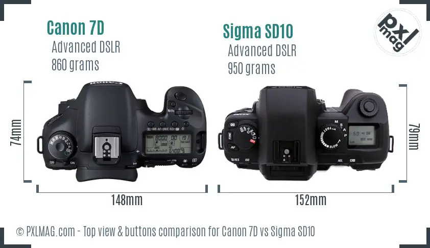 Canon 7D vs Sigma SD10 top view buttons comparison