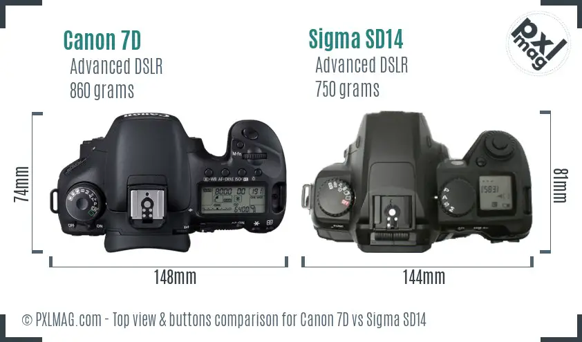 Canon 7D vs Sigma SD14 top view buttons comparison