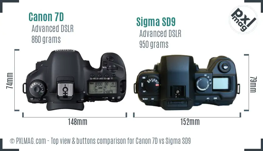 Canon 7D vs Sigma SD9 top view buttons comparison
