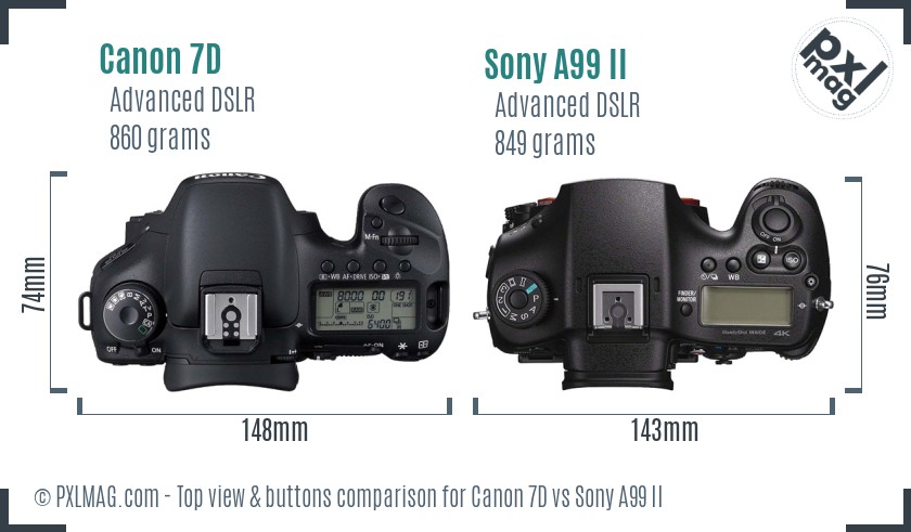 Canon 7D vs Sony A99 II top view buttons comparison