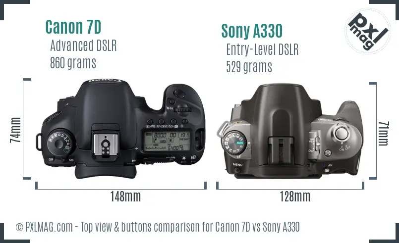 Canon 7D vs Sony A330 top view buttons comparison