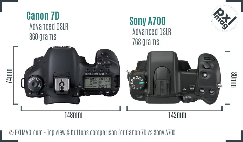 Canon 7D vs Sony A700 top view buttons comparison