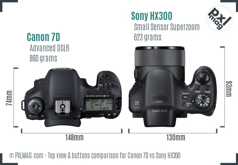 Canon 7D vs Sony HX300 top view buttons comparison