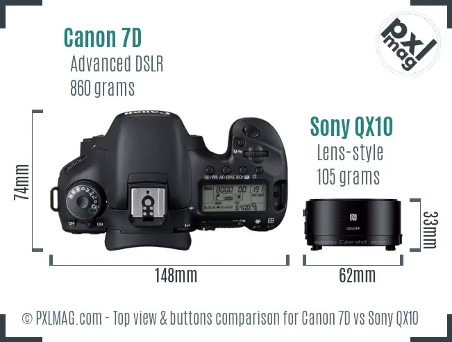 Canon 7D vs Sony QX10 top view buttons comparison